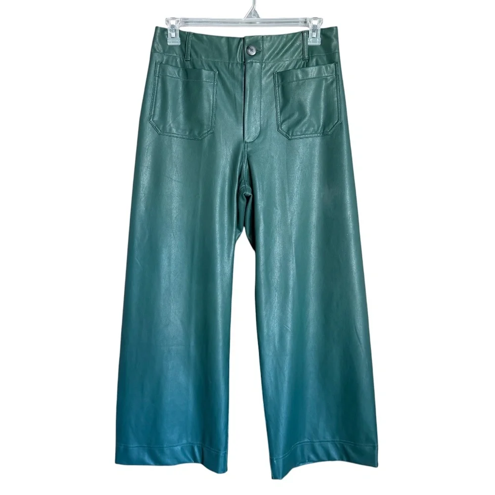 Maeve Colette Green Faux Leather Wide Leg Ankle Pants Size 31 NWOT - Picture 3 of 16